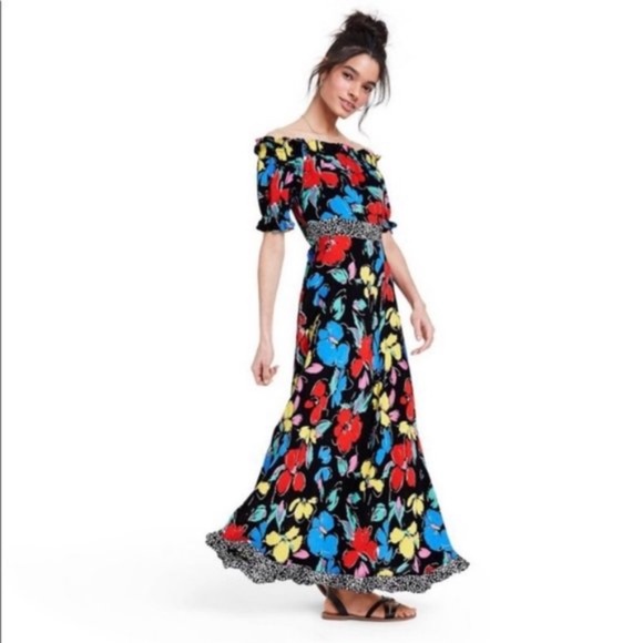 Rixo Target Floral Off Shoulder Puff Sleeve Dress Black Multicolor - Picture 7 of 10